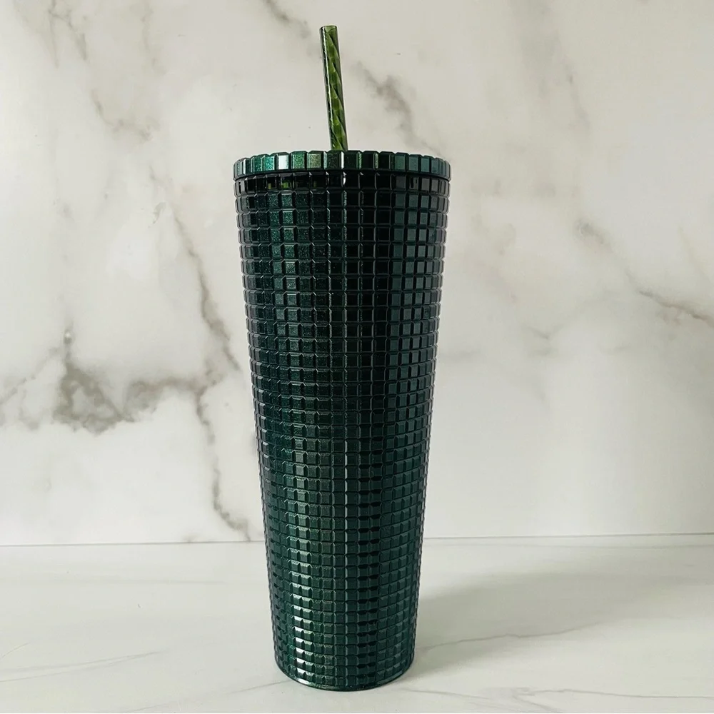 Starbucks 2021 Holiday Dark Green Metallic Grid 24 Oz Cold Cup Tumbler- New
